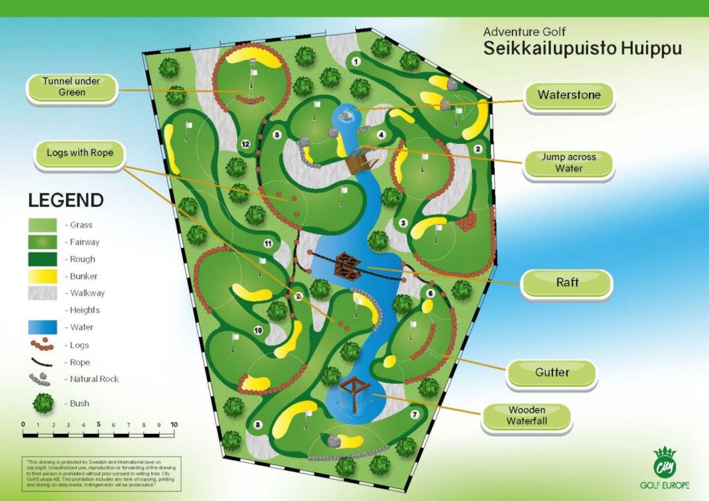Seikkailupuisto Huippuun rakennettavan seikkailugolfradan suunnitelma, jossa näkyy radan sijainti, vesialue ja rei’ät.